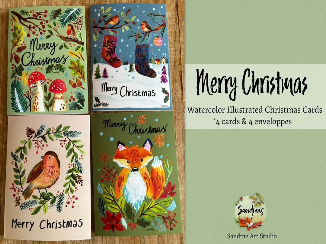 Christmas Cards Set merry Christmas Watercolor Illustrations, Robins ...