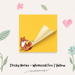Op de afbeelding: Gele plaknotities met een omgekrulde hoek, met een grillige vosillustratie. De vos is oranje en wit. De tekst "Sticky Notes - Whimsical Fox | Yellow" staat eronder, omringd door aquarel bloemen en bladeren.