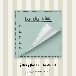 Op de afbeelding: Een lichtblauwe sticky note met de woorden "to do list" in het zwart. De rechterbovenhoek is omgekruld en onthult een witte onderkant. De notitie heeft een gestippelde rand en selectievakjes. De achtergrond is gestreept.