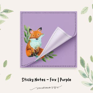 Op de afbeelding: Een paarse plaknotitie met een aquarel illustratie van een vos. De vos is oranje en wit met groene bladeren. De tekst "Sticky Notes - Fox | Purple" staat onderaan.