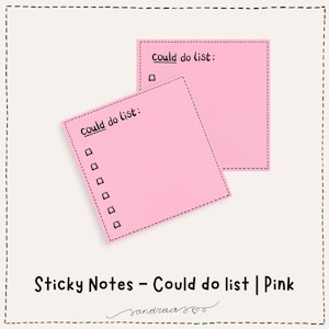 Op de afbeelding: Roze vierkante plaknotities met de tekst "could do list:" en selectievakjes. De notities hebben een stippellijn. De afbeelding bevat ook de tekst "Sticky Notes - Could do list | Pink".