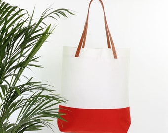 Canvas bag "Greta" cream orange red // beige white striped with leather handles