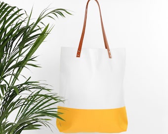 Canvas bag GRETA cream yellow // beige white stripes with leather handles cotton bag tote bag