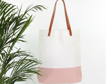Canvas bag "Greta" cream rosé // beige white striped with leather handles