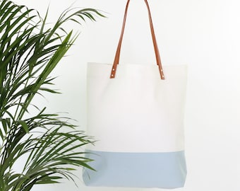 Canvas bag "Greta" cream smoky blue // beige white striped with leather handles