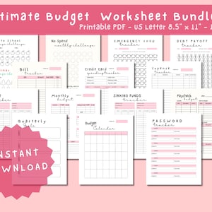May include: A printable budget worksheet bundle with 14 different trackers and worksheets. The worksheets are organized in a grid layout and include titles such as "Back to School Savings Challenge", "No Spend Monthly Challenge", "Emergency Fund Tracker", "Debt Payoff Tracker", "Debt Tracker", "Bill Tracker", "Credit Card Spending Tracker", "Expense Tracker", "Monthly Budget", "Sinking Funds Tracker", "Paycheck Budget", "Quarterly Goals", "Budget Calendar", and "Password Tracker".