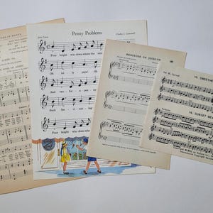 May include: Four vintage sheet music pages with musical notes and lyrics. The pages are titled "Penny Problems", "The Sunshine of Your Love", "Berceuse de Jocelyn", and "12 Sweethearts Waltz".