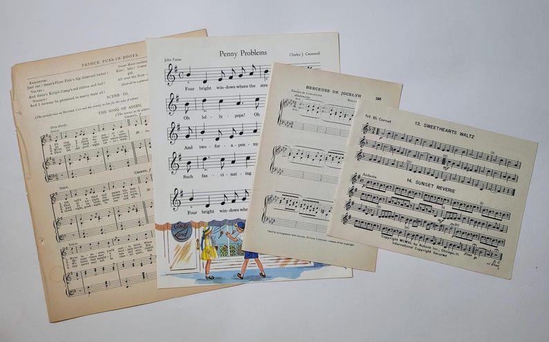 May include: Four vintage sheet music pages with musical notes and lyrics. The pages are titled "Penny Problems", "The Sunshine of Your Love", "Berceuse de Jocelyn", and "12 Sweethearts Waltz".