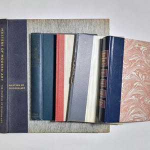 May include: A collection of six hardcover books arranged in a row. The leftmost book is dark blue with the text Masters of Modern Art. The other books feature various solid colors including blue, red, white, and gray, with one book having a marbled cover.