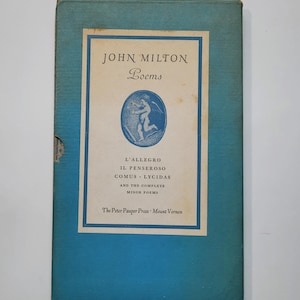 May include: A vintage book titled "Poems" by John Milton. The cover is a light blue with a cream-colored rectangle in the center. The rectangle contains the title, author, and a blue illustration. The book is from The Peter Pauper Press.