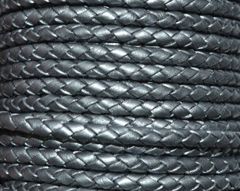 Grey Metallic -  3mm Bolo Braided Leather Cord per yard