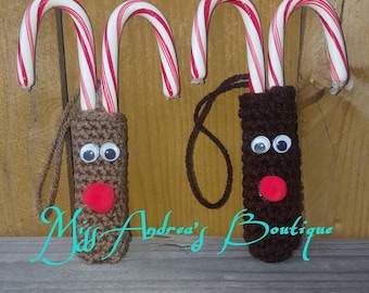 Reindeer Candy Cane Holder, Crochet Candy Cane Holder, Ornament
