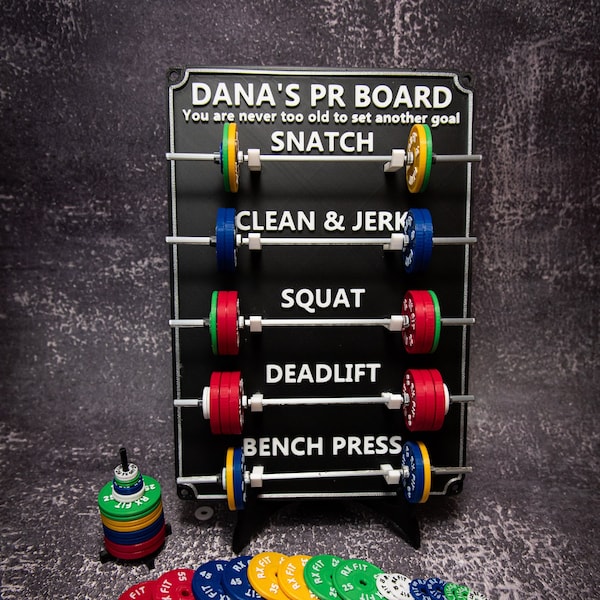 Weightlifting personal tracking board, 5 lifts, show off your work on 5 lifts with miniature barbells for your home gym