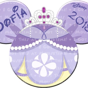 May include: Purple and white Minnie Mouse ears with a crown and the text "Sofia" on one ear and "Disney Fantasy 2018" on the other ear.