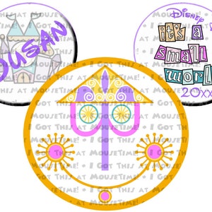 May include: A set of three Disney-themed buttons featuring a purple and yellow castle, a purple and yellow lamppost, and a purple and yellow circle with the text "It's a small world 20xx".