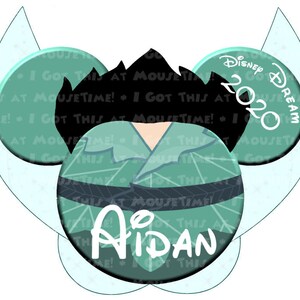 May include: Green and black Mickey Mouse ears with a green and blue patterned design. The ears have the text "Disney Dream 2020" on one ear and the name "Aidan" on the other ear.