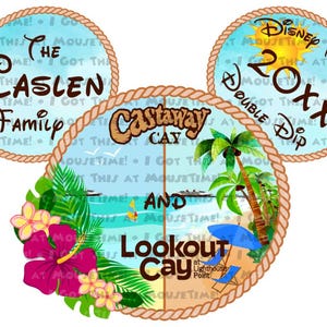May include: A Mickey Mouse-shaped design with three circles. The top circle says "Disney Treasure 20XX Double Dip". The left circle says "The Caslen Family". The right circle says "Castaway Cay and Lookout Cay at Lighthouse Point".