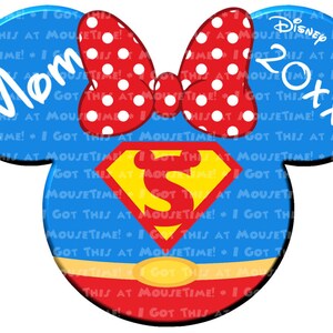 May include: Blue and red Mickey Mouse ears with a red and white polka dot bow. The ears have a Superman logo on the front with the text "GOT THIS AT MOUSETIME!" repeated on the ears. The text "Disney FANTASY 20xx" is on the right ear.