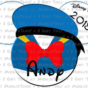 May include: A white Mickey Mouse ear headband with a blue, yellow, and red Donald Duck design. The headband has a white circle with the text "Disney Wonder 2018" and the name "Andy" written in black.
