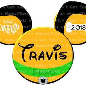 May include: Yellow Mickey Mouse ears with black ears and a green collar with the text "Pluto" and a Mickey Mouse head charm. The center ear has the text "Travis" and the other ear has the text "Disney Fantasy" and "2018".