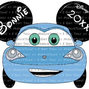 May include: Blue car with a smiling face and large black Mickey Mouse ears. The left ear has the name "Bonnie" written on it and the right ear has the text "Disney Wish 20xx" written on it.