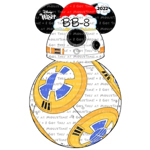 May include: A white and yellow BB-8 Star Wars character wearing a red and white Santa hat with Mickey Mouse ears. The character is surrounded by the text "I got this at Mousetime!" in a gray font.