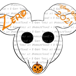 May include: A black and white outline of Zero, the ghost dog from The Nightmare Before Christmas, with the text "Zero" in orange. The background is white with the text "I Got This At Mousetime!" repeated in orange.