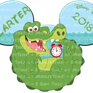 May include: A cartoon alligator with a red alarm clock, set to 10:07, is the central focus. The design includes blue Mickey Mouse ears with the text "CARTER" and "Disney DREAM 2018". The background has a water-like pattern.