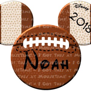 May include: A set of three brown and white football-shaped Mickey Mouse ears with the text "Disney Wonder 2018" on one ear and the name "Noah" on the center ear.