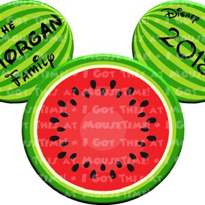 May include: Watermelon-themed Mickey Mouse ears with the text "The Morgan Family" on one ear and "Disney Dream 2018" on the other ear.