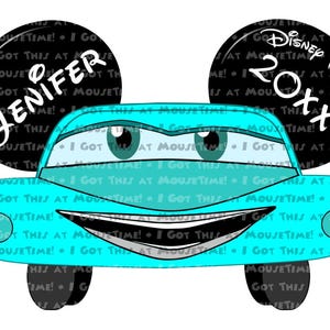 May include: A turquoise blue car with a smiling face and black Mickey Mouse ears. The left ear has the text "JENIFER" and the right ear has the text "DISNEY TREASURE 20xx".