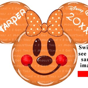 May include: A cartoon-style character with orange ears, face, and bow, resembling a mouse. The ears have the text "Harper" and "Disney Wonder 20XX". The face has a smile, red cheeks, and a bow with white polka dots.