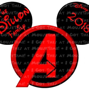 May include: Black and red Mickey Mouse ears with the text "The Dillon Family" on one ear and "Disney Magic 2018" on the other ear. The center ear has a red Avengers logo on a black background.