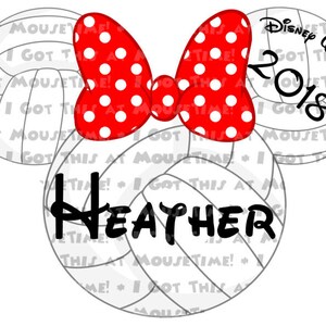 May include: A white volleyball with black lines and the text "Heather" on it. The volleyball is part of a Mickey Mouse ears design with a red bow with white polka dots. The other ear is a white volleyball with black lines and the text "Disney Wonder 2018" on it.