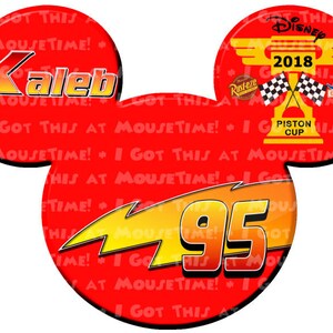 May include: Red Mickey Mouse ears with the number 95 and a lightning bolt in yellow and orange. The left ear has the name Kaleb in yellow and orange letters. The right ear has the text "Disney Dream 2018" in yellow and orange letters. The text "I Got This At Mousetime!" is repeated in a smaller font on both ears.