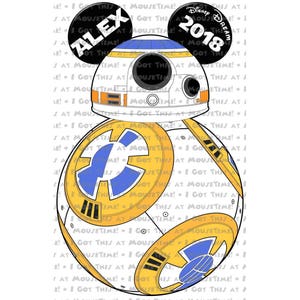 May include: A white, yellow, and blue BB-8 Star Wars droid with Mickey Mouse ears. The left ear has the name "ALEX" printed on it and the right ear has "Disney Dream 2018" printed on it.