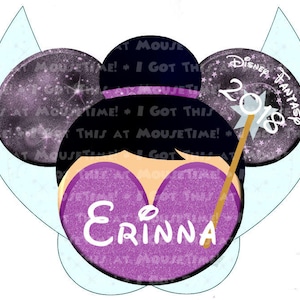 May include: Purple and black Minnie Mouse ears with glitter and the text "Disney Fantasy 2018" on one ear and the name "Erinna" on the other ear.