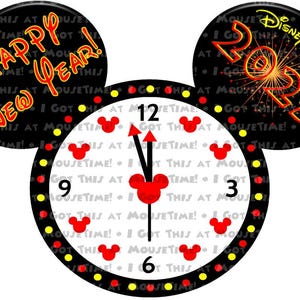 May include: A black and red Mickey Mouse clock face with yellow polka dots and the text "I Got This At Mousetime!" repeated around the clock face. The clock face is set to 12:00. The clock face is surrounded by a black Mickey Mouse ear with the text "Happy New Year!" in red and yellow. The other ear is black with the text "Disney Wish 2023" in red and yellow.