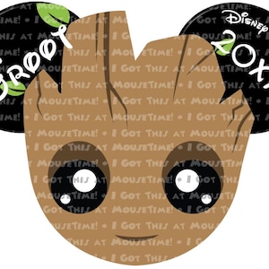 May include: A brown and tan Groot character with large eyes and a black Mickey Mouse ear with the text "Disney Wonder 20xx" on it. The other ear is black with the text "Groot" in green.