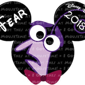 May include: Purple and black Mickey Mouse ears with the text "Fear" and "Disney Dream 2018" on the ears. The ears have a purple and black swirl design.
