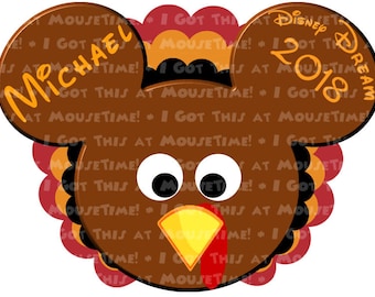 May include: A brown turkey-shaped ornament with Mickey Mouse ears, featuring the name Michael on the left ear and Disney Dream 2018 on the right ear. The turkey has large white eyes, a yellow beak, a red wattle, and colorful tail feathers.