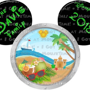 May include: Black and green Mickey Mouse ears with the text "The Davis Family" on one ear and "Disney Magic 2018" on the other ear. The center of the ears features a silver porthole with a beach scene inside.