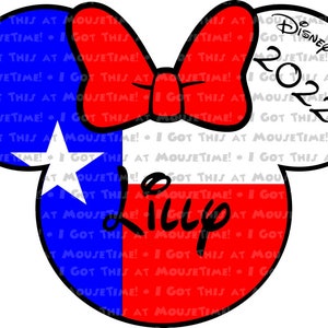 May include: A red, white, and blue Mickey Mouse head with a Texas flag design. The head is decorated with a red bow and the text "Lilly" is written in black cursive. The right ear has the text "Disney Wish 2022" in white.