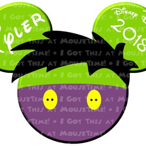 May include: Green Mickey Mouse ears with the text "Tyler" on one ear and "Disney Dream 2018" on the other ear. The ears are attached to a purple face with two yellow eyes.