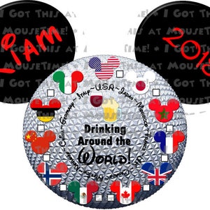 May include: A silver Mickey Mouse ears headband with a silver globe charm. The globe has flags of different countries around the world and the text "Drinking Around the World!" The headband also has two black circles with the text "Liam" and "2018" in red.