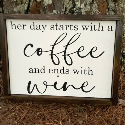 Funny Coffee & Wine Wooden Sign - 5x5 Inch Farmhouse Desk Decor For Office Or Home
