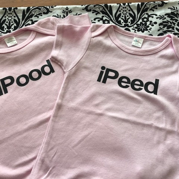 iPood and iPeed, matching baby twins, funny infant twins, twin baby one piece set, baby girl pink set size 12/18 months last set new