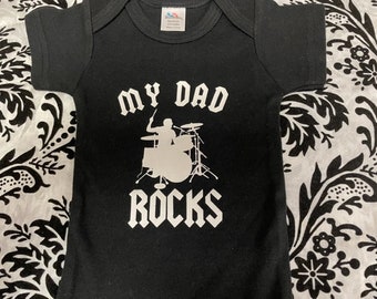 my dad rocks, dad drummer, drums cool band, custom baby infant bodysuit size Newborn black short sleeved last one boy or girl