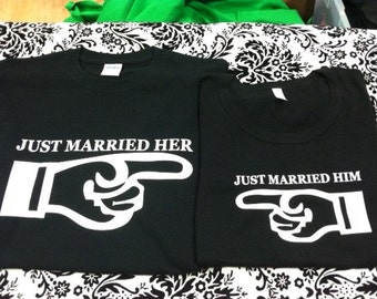 Just Married Him and Her matching set of 2 mens and womens shirts black with white graphic size small womens mens medium last set