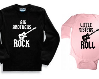 Big brothers rock and little sisters roll siblings set of 2 long sleeve tshirt and bodysuit custom to order black and pink great gift new